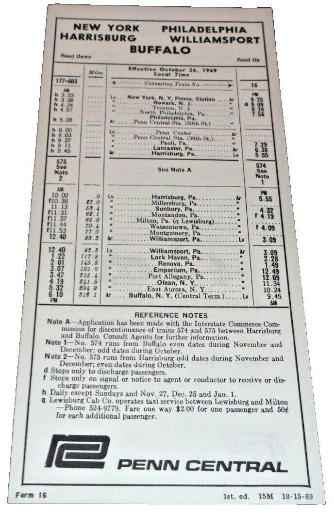 OCTOBER 1969 PENN CENTRAL FORM 16 WILLIAMSPORT BUFFALO PUBLIC TIMETABLE