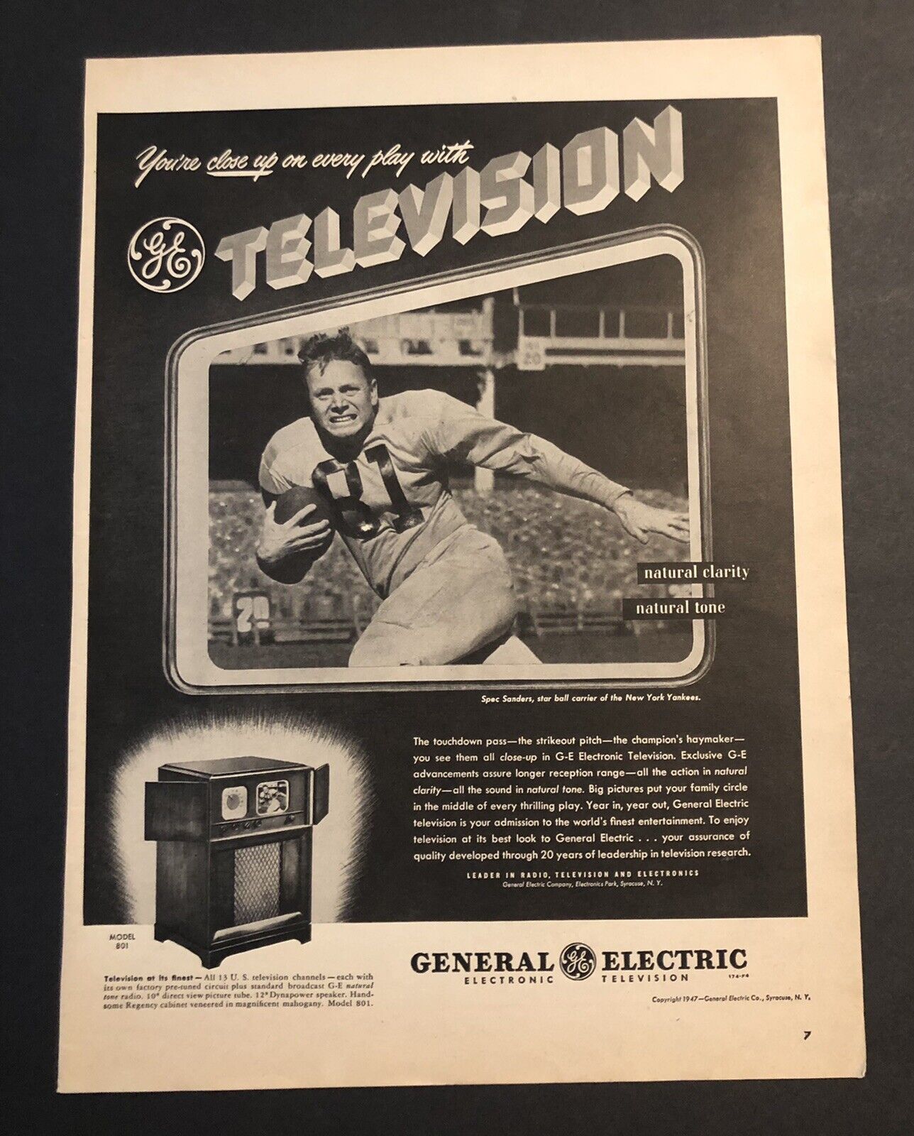 1947 General Electric TV Football Player Spec Sanders Yankees Magazine Ad