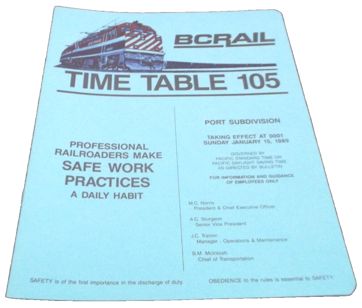 JANUARY 1989 BC RAIL PORT SUBDIVISION EMPLOYEE TIMETABLE #105