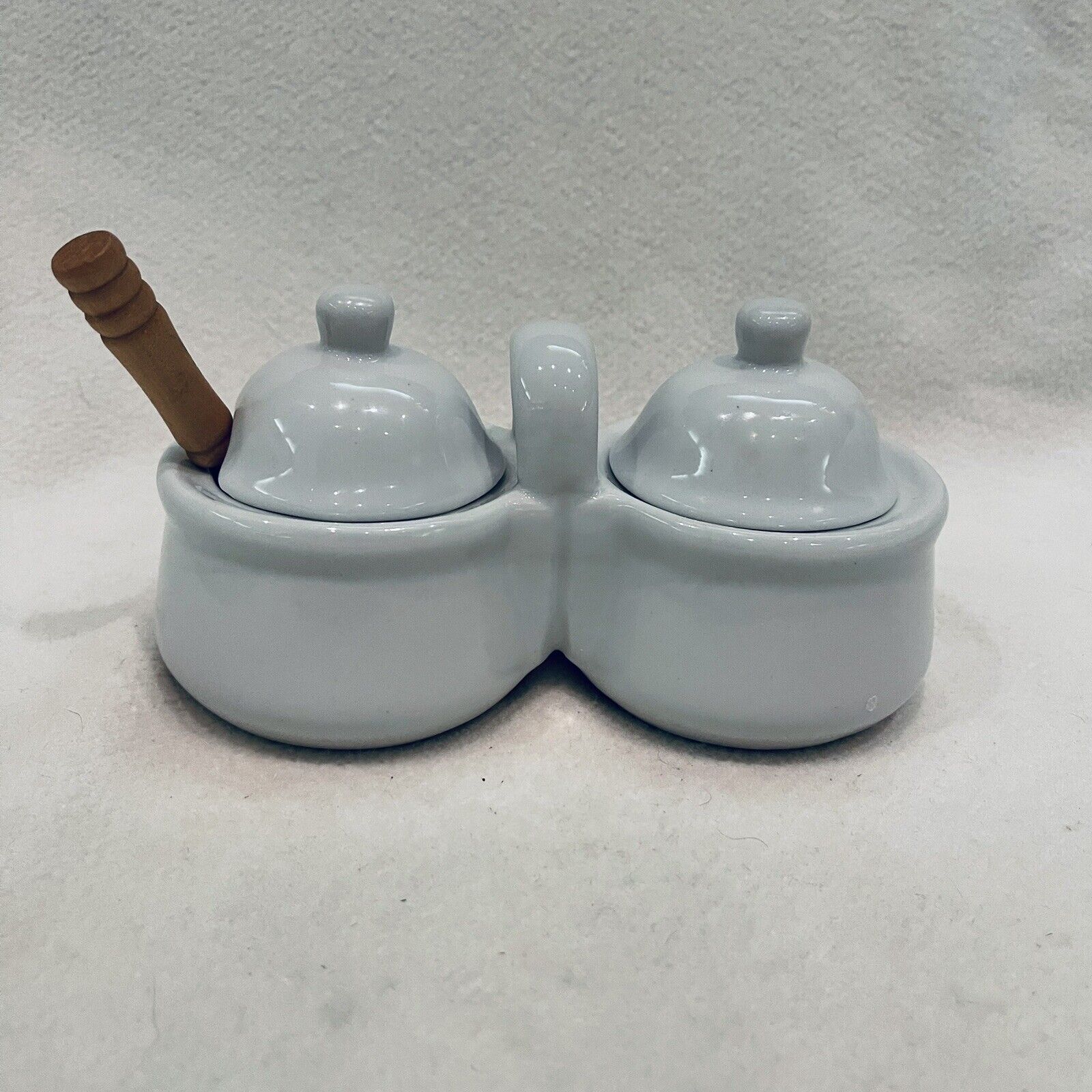 Vintage HH White Ceramic Double Condiment Jam Jelly Jar Set Lids & One Spoon