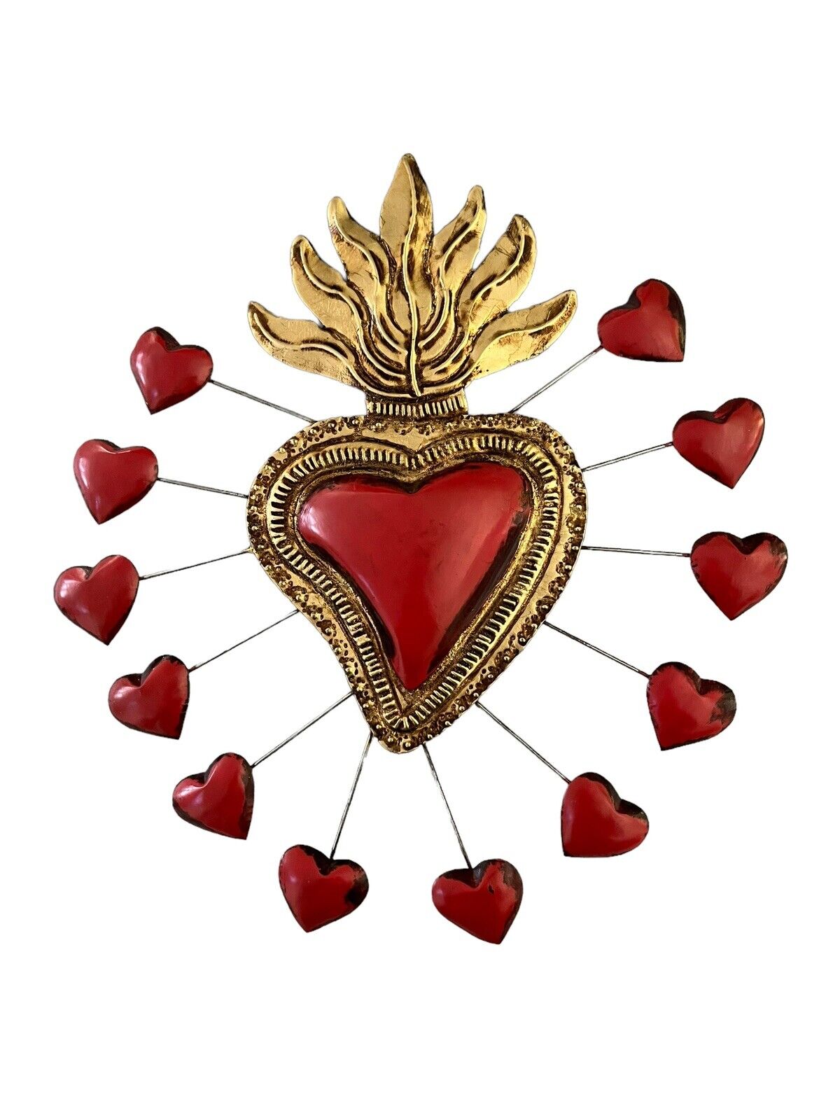 Tin HEART with Hearts, Mexican SACRED Heart, Red Gold Corazon
