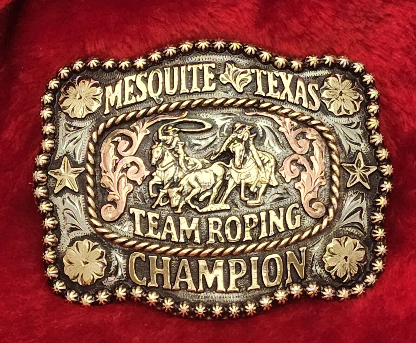 MESQUITE PRO RODEO TEAM ROPING CHAMPION TROPHY BUCKLE☆TEXAS☆RARE #779