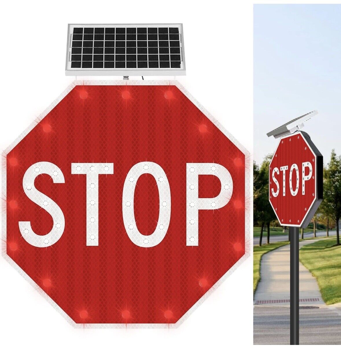 Stop Sign 30x30, Solar Powered LED Flashing Stop Sign