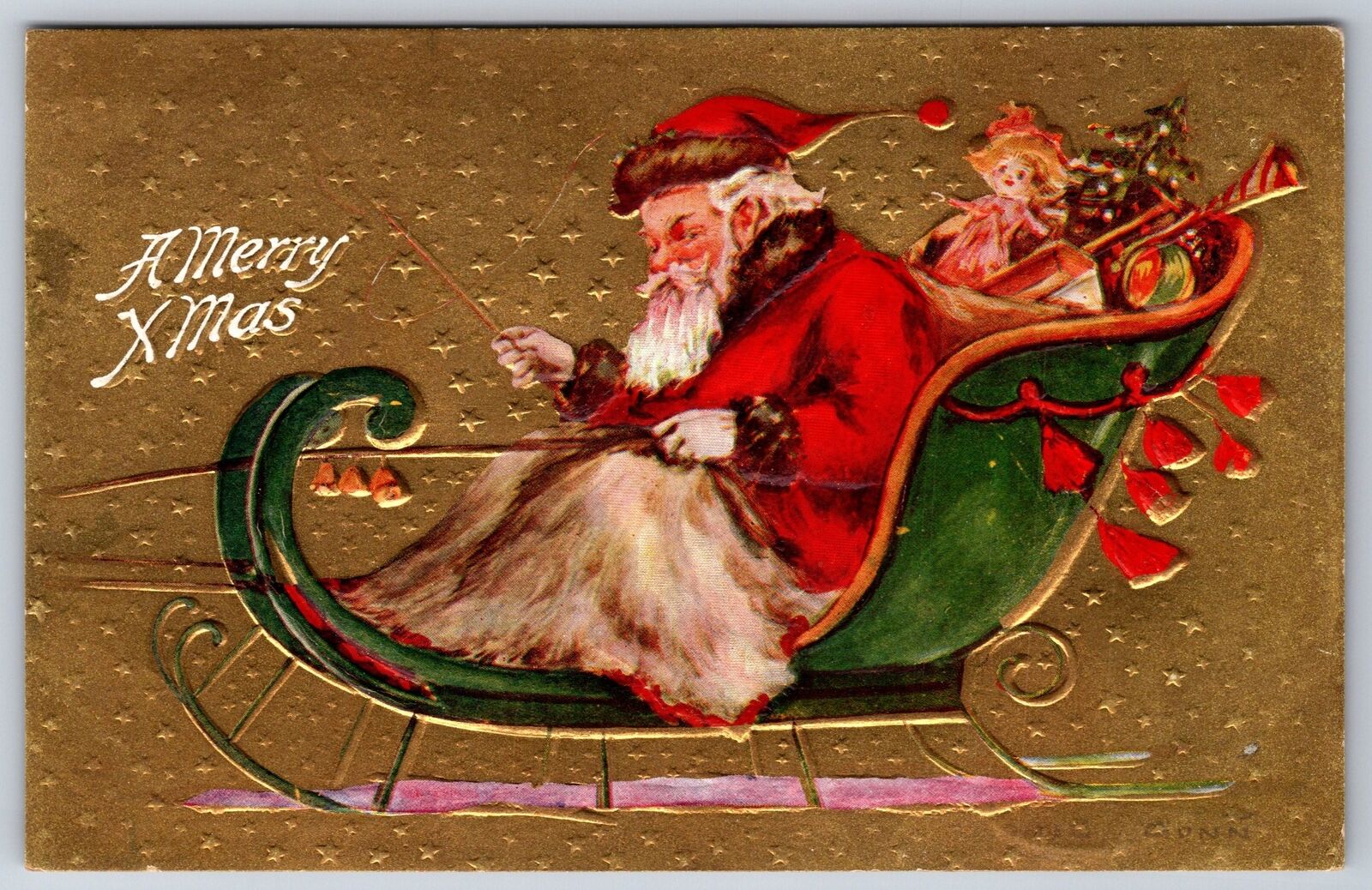 Artist Signed Archie Gunn~Merry X-mas~Santa Drives Sleigh~Lap Robe~Emb~Gold~1910