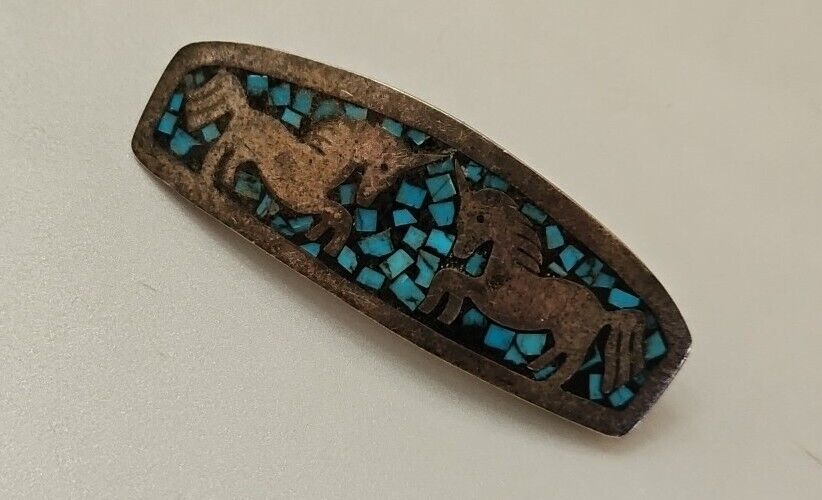 Vintage 925 Mexico Turquoise Inlay Horses Barrette