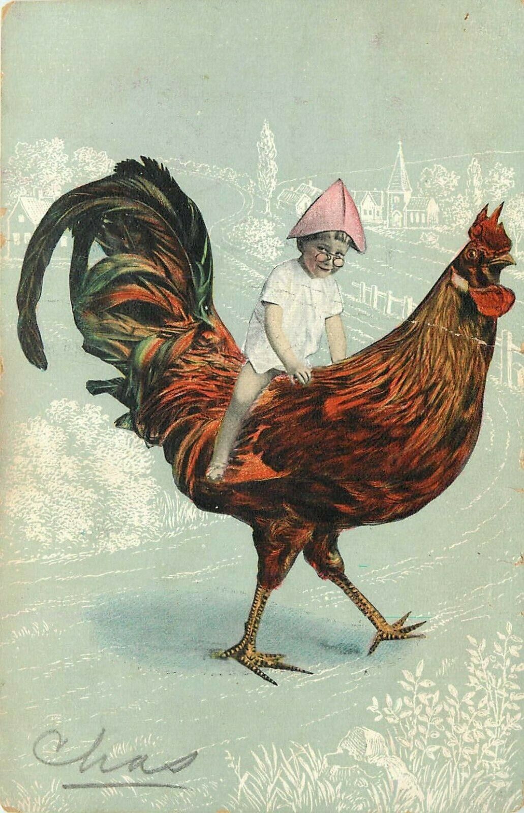 Little Girl or Boy Riding on Back of Chicken Party Hat pm 1907 Postcard