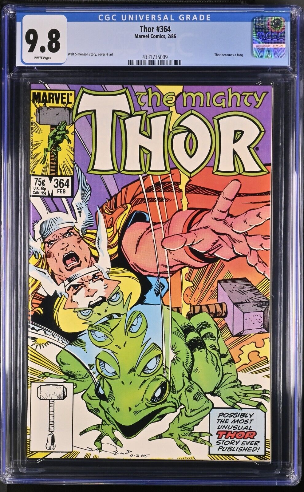 Thor #364 CGC 9.8 1st app Thor-Frog THROG 1st Puddlegulp Loki Disney 1986 Marvel