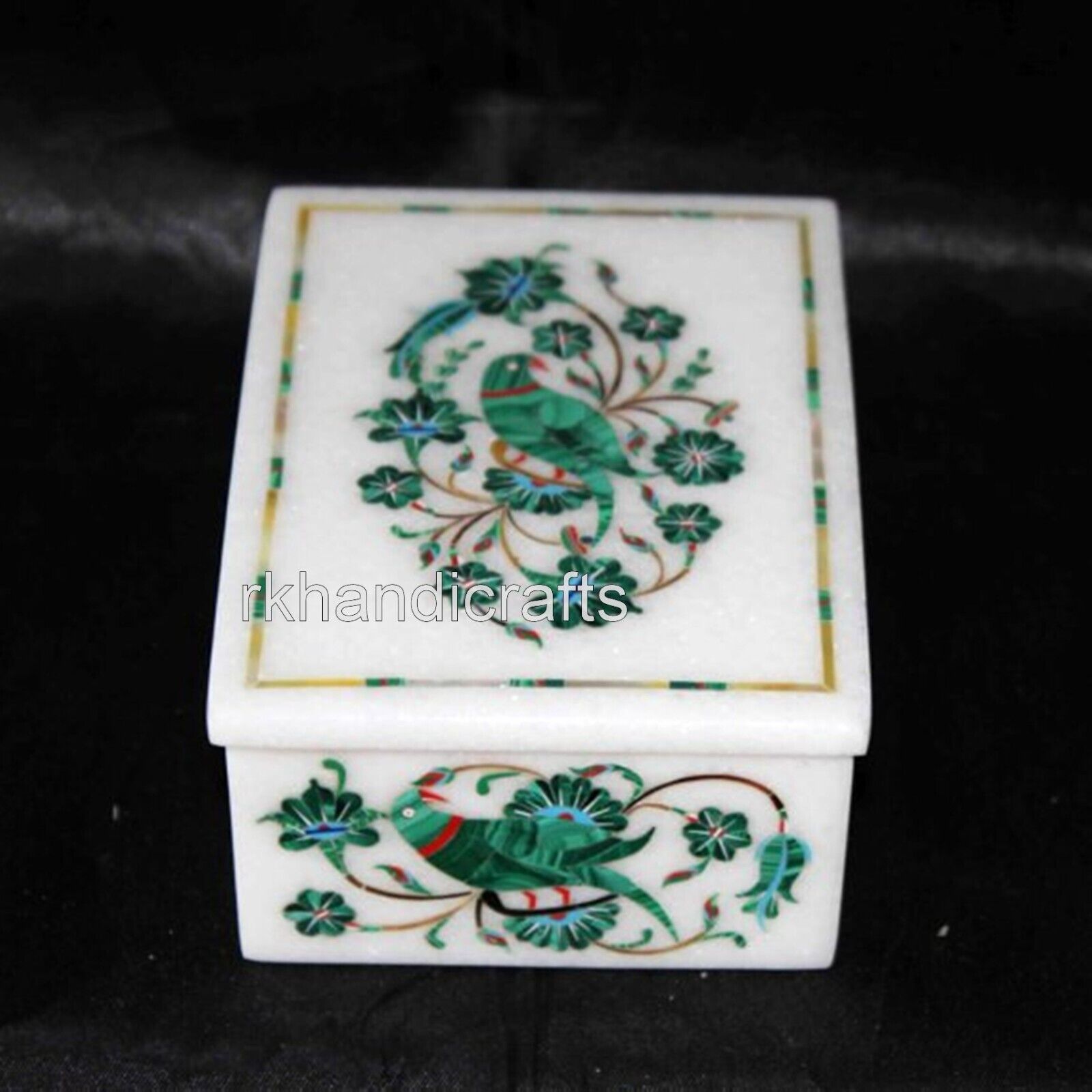 5 x 3.5 Inches Malachite Stone Inlay Work from Vintage Art White Marble Tie Box