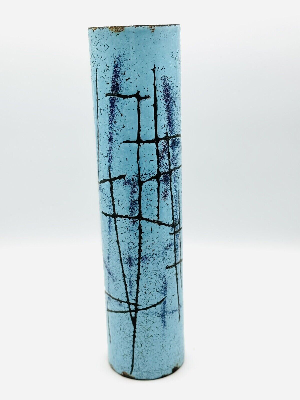 MCM Vintage Vallenti Italy Blue Enamel Over Metal  Vase; Abstract Art