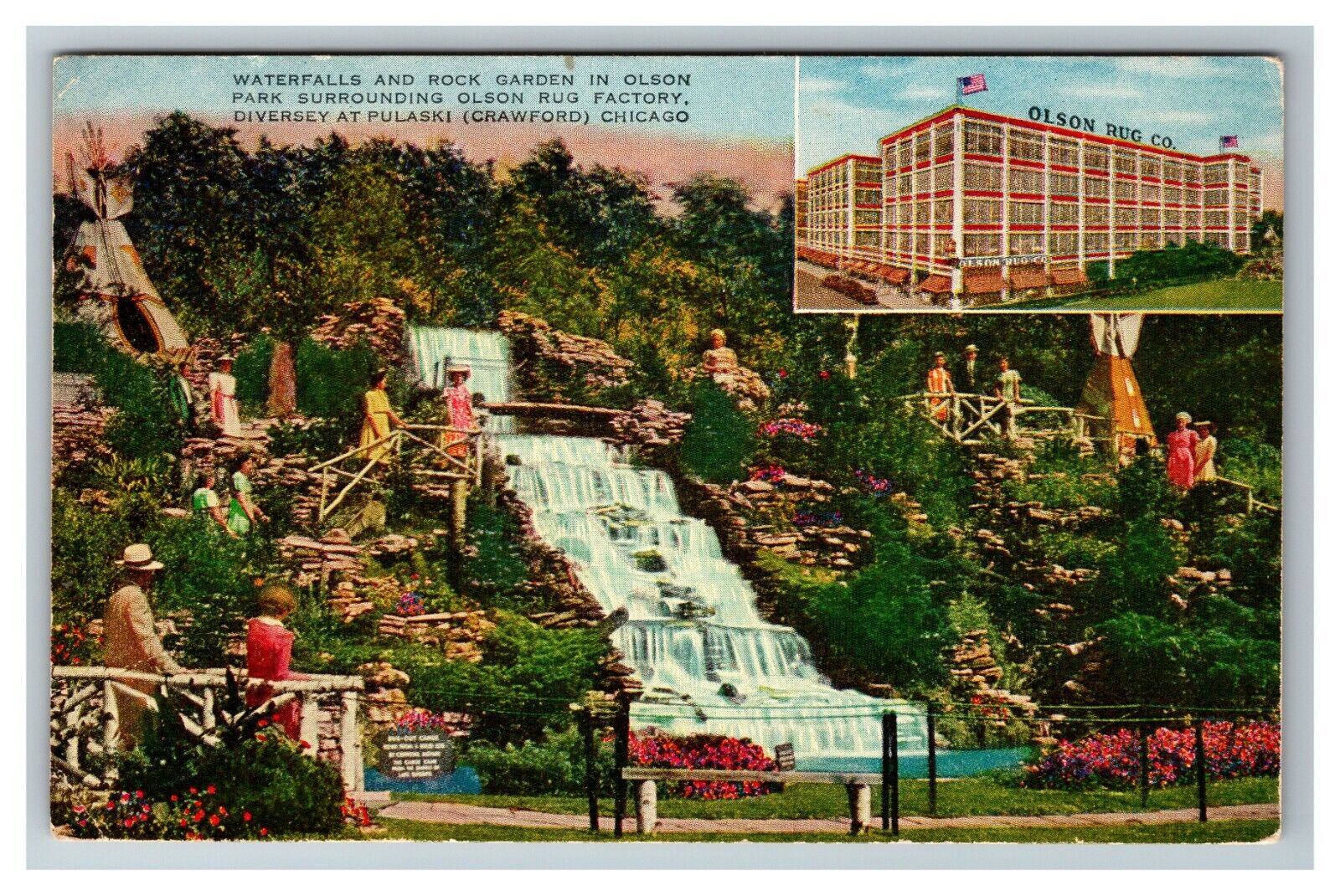 Olson Rug Factory, Chicago IL Waterfalls Garden c1920 Vintage Postcard