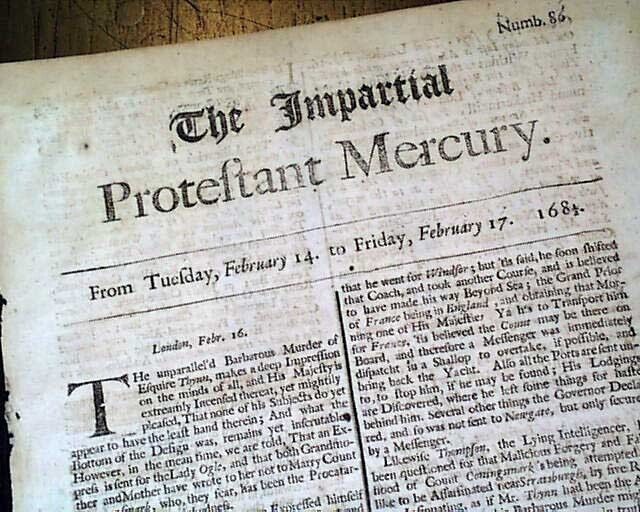 Very Rare 17th Century PROTESTANT 341 Years Old 1682 London England Newspaper
