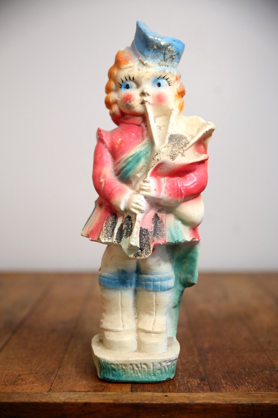 Vintage Chalkware Girl Carnival Prize figure hat uniform bagpipes musician old