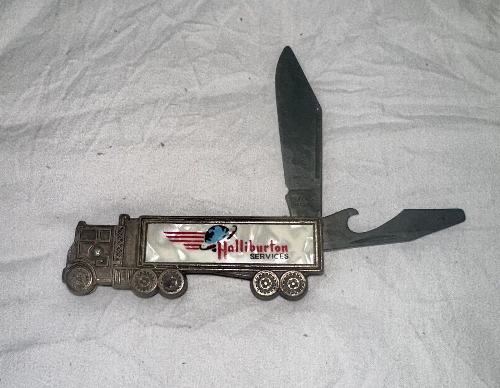 Vintage Colonial Mother Pearl Truck Folding 2.5” Brass Pocket Knife Halliburton