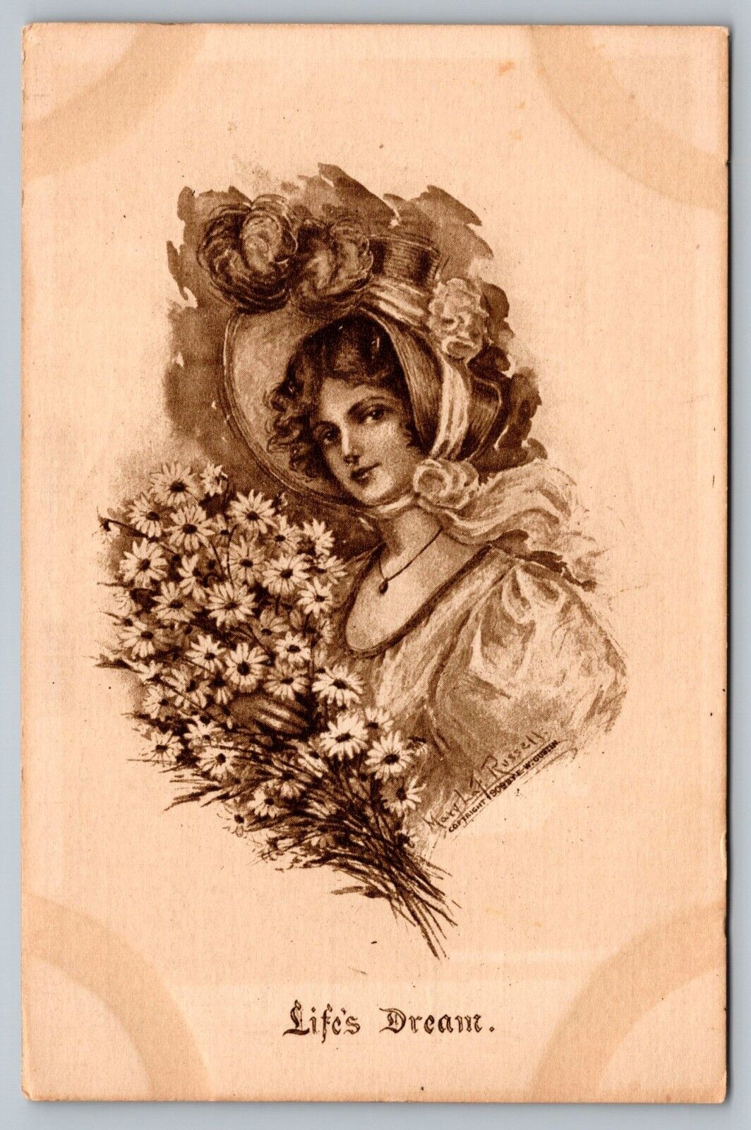 Postcard Lifes Dream Artist Signed Mary Russell 1909 EW Gustin Art B/W  DB