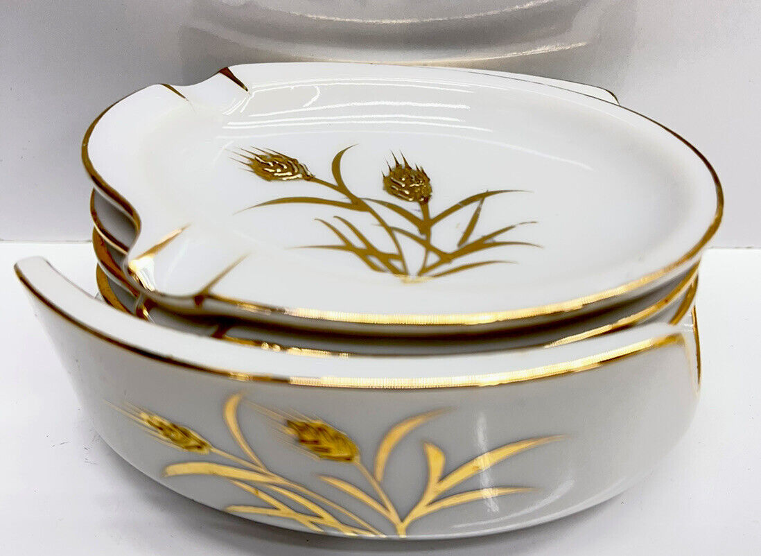 MCM Kasuga Ware  Porcelain Stackable Ashtray Set Japan Vintage Wheat  Gold trim