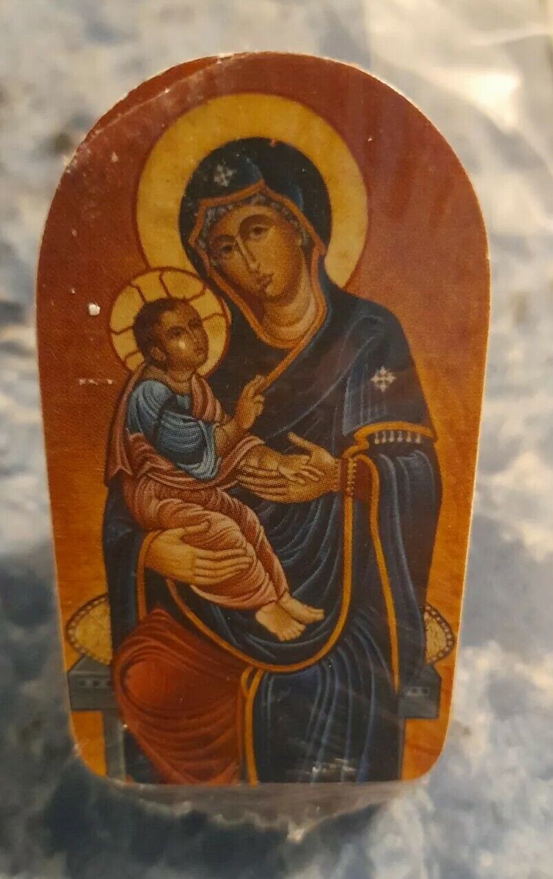Vintage Madonna Mary With Child Jesus Picture on Wood Statue 