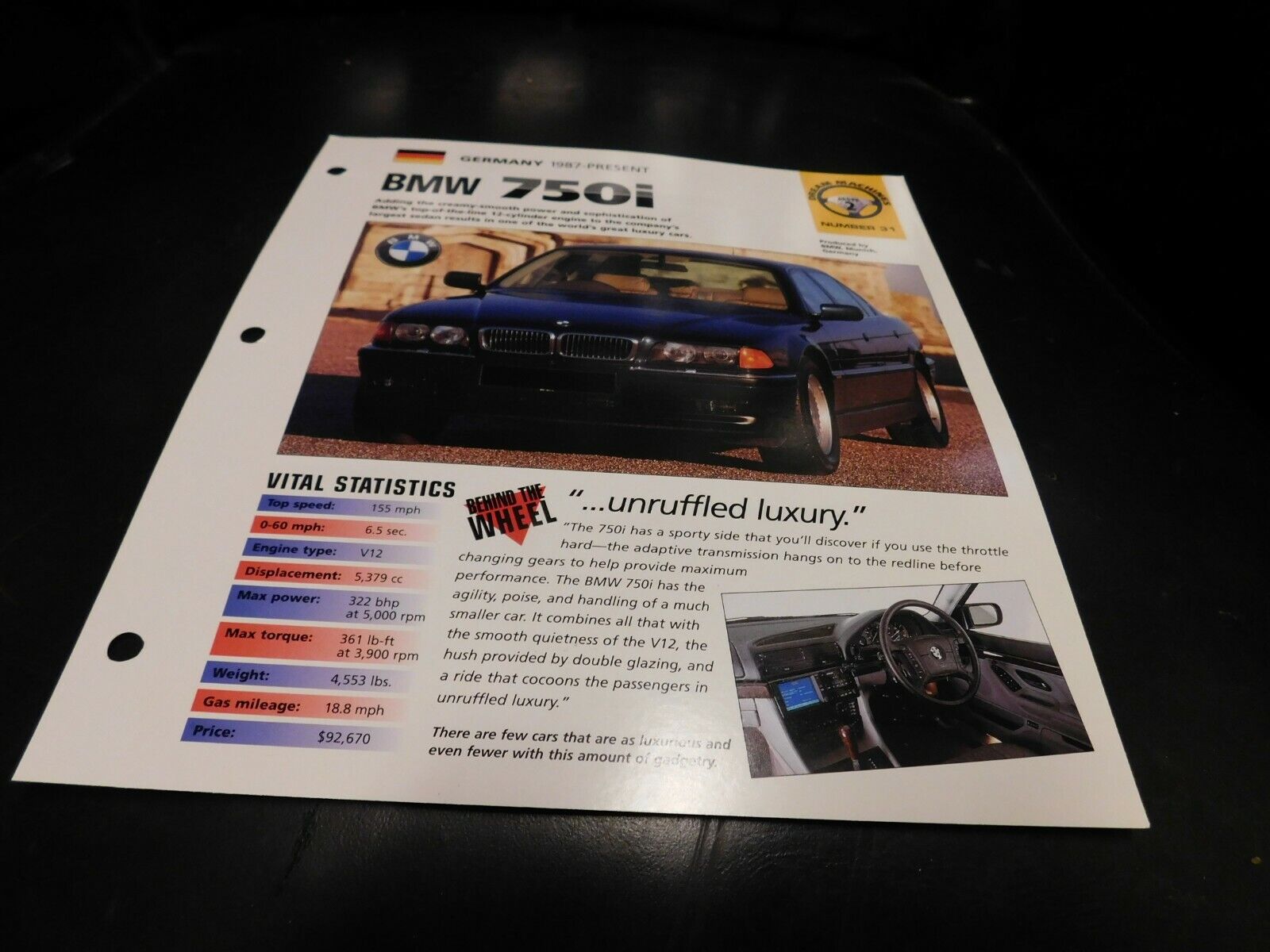 1987+ BMW 750i Spec Sheet Brochure Photo Poster 