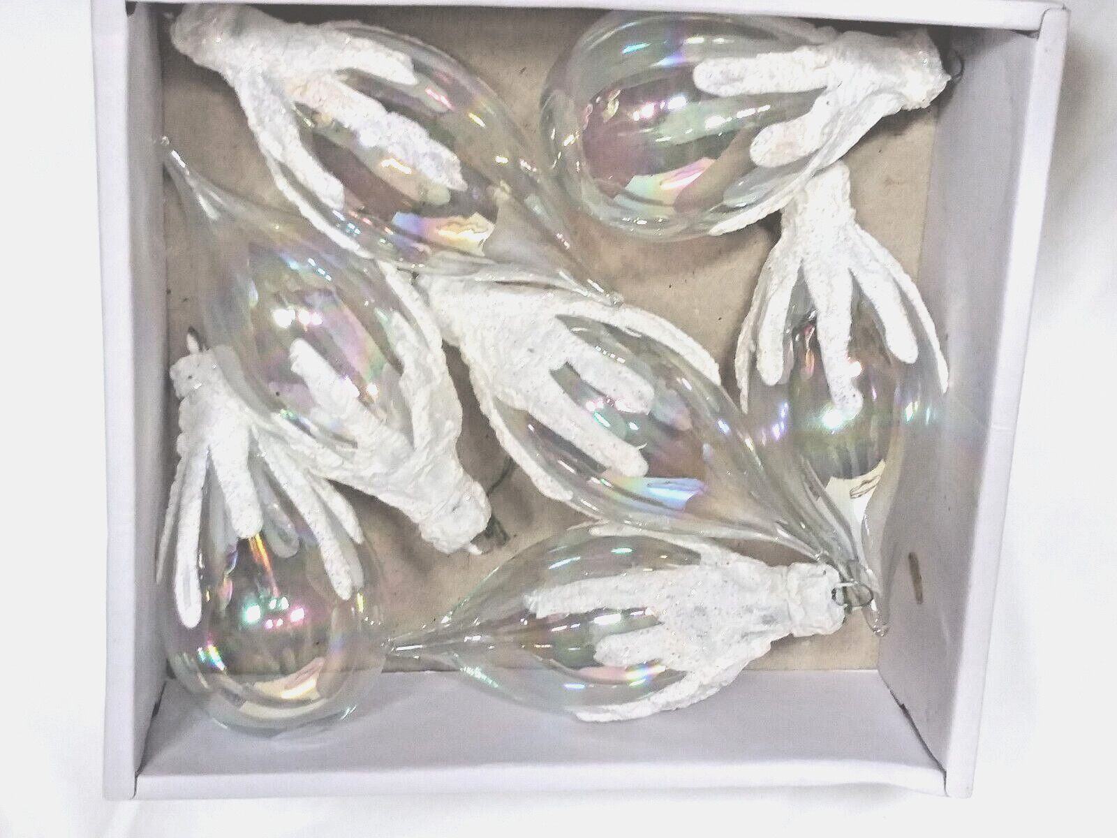 IRRIDESCENT BLOWN GLASS Christmas ORNAMENTS finial tear drop 7 in BOX VTG USA