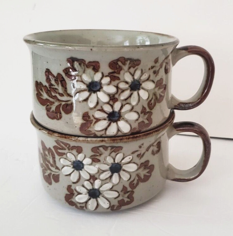 Set Of 2 Vintage Cappuccino/Soup Mugs Speckled Glaze Japan Otagiri Flowers MCM