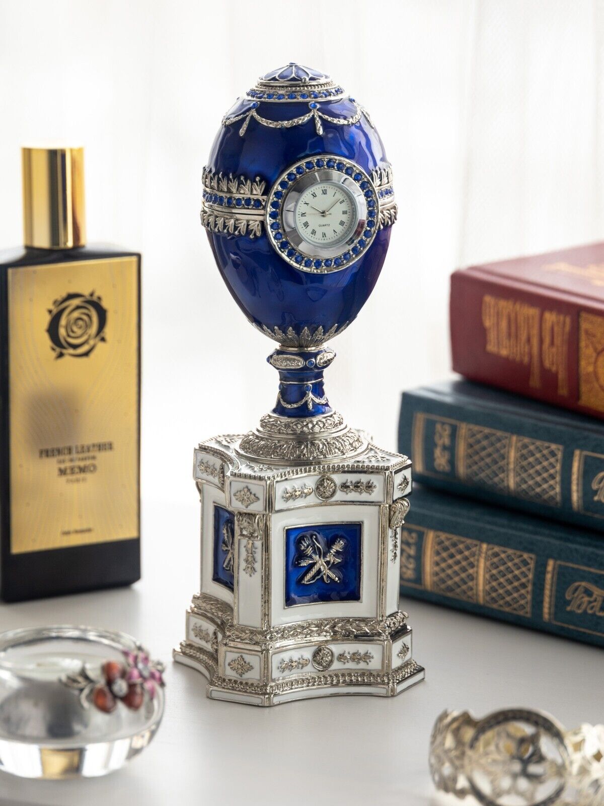 Keren Kopal Blue Egg  with clock Trinket Box Handmade with Austrian Crystals