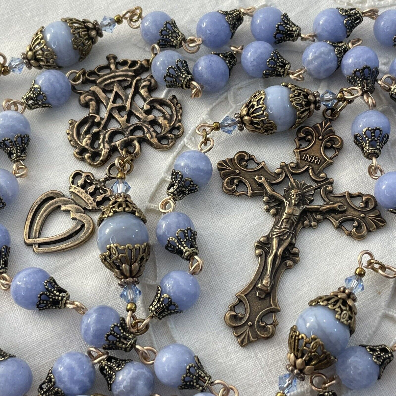Elegant Rosary Ave Maria Crown Blue Lace Agate Bronze Crucifix Center 2 Hearts