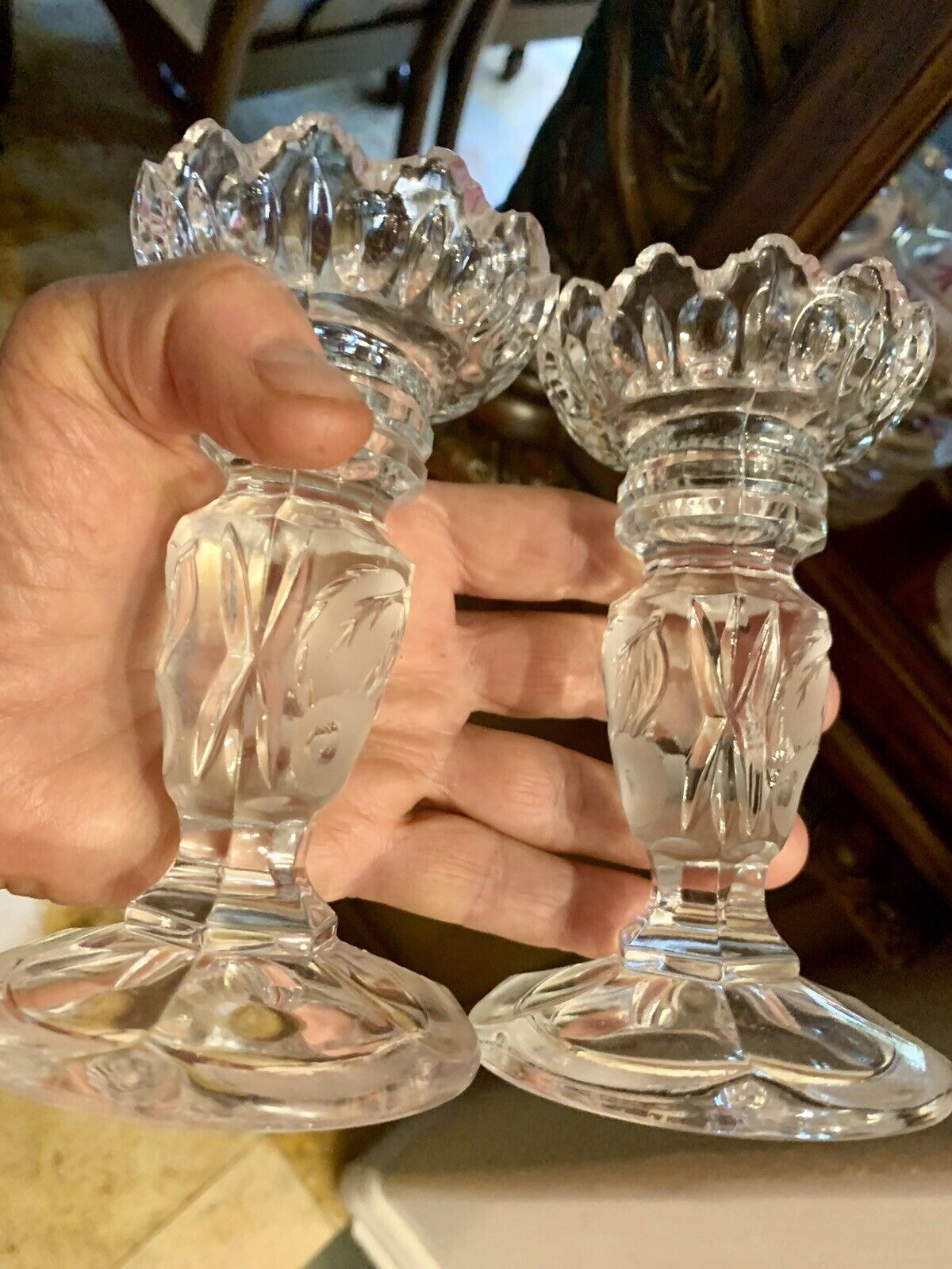 Vintage Pair  Etched Leaded Crystal Candle Holders, Ornate.