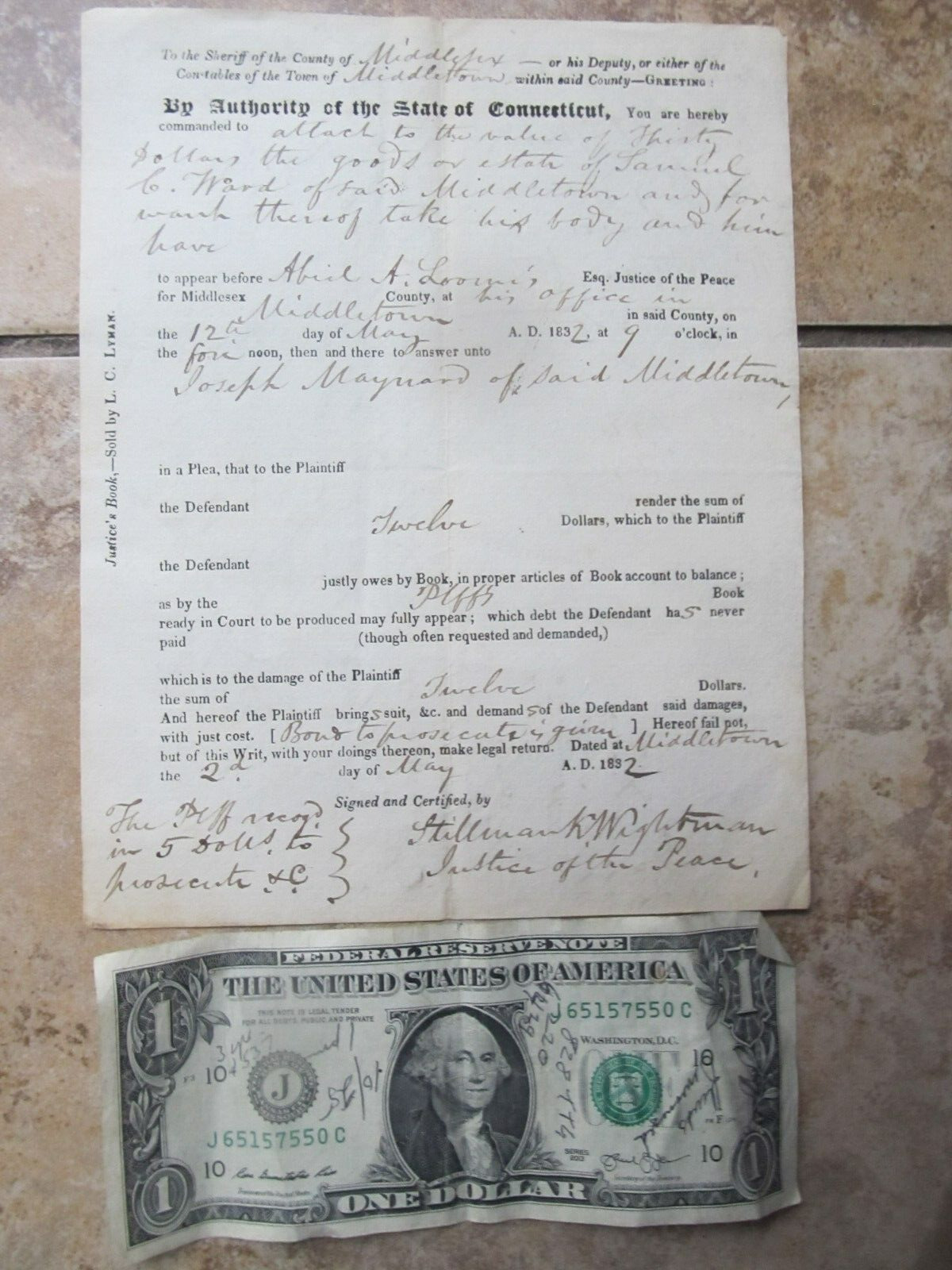 RARE Antique 1832 Court Legal Document, Warrant, Middletown Connecticut Law GIFT