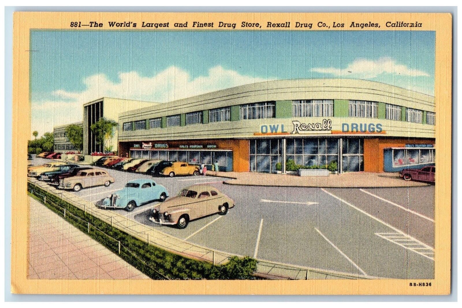 Los Angeles California CA Postcard Rexall Drug Store Exterior Roadside c1940\'s