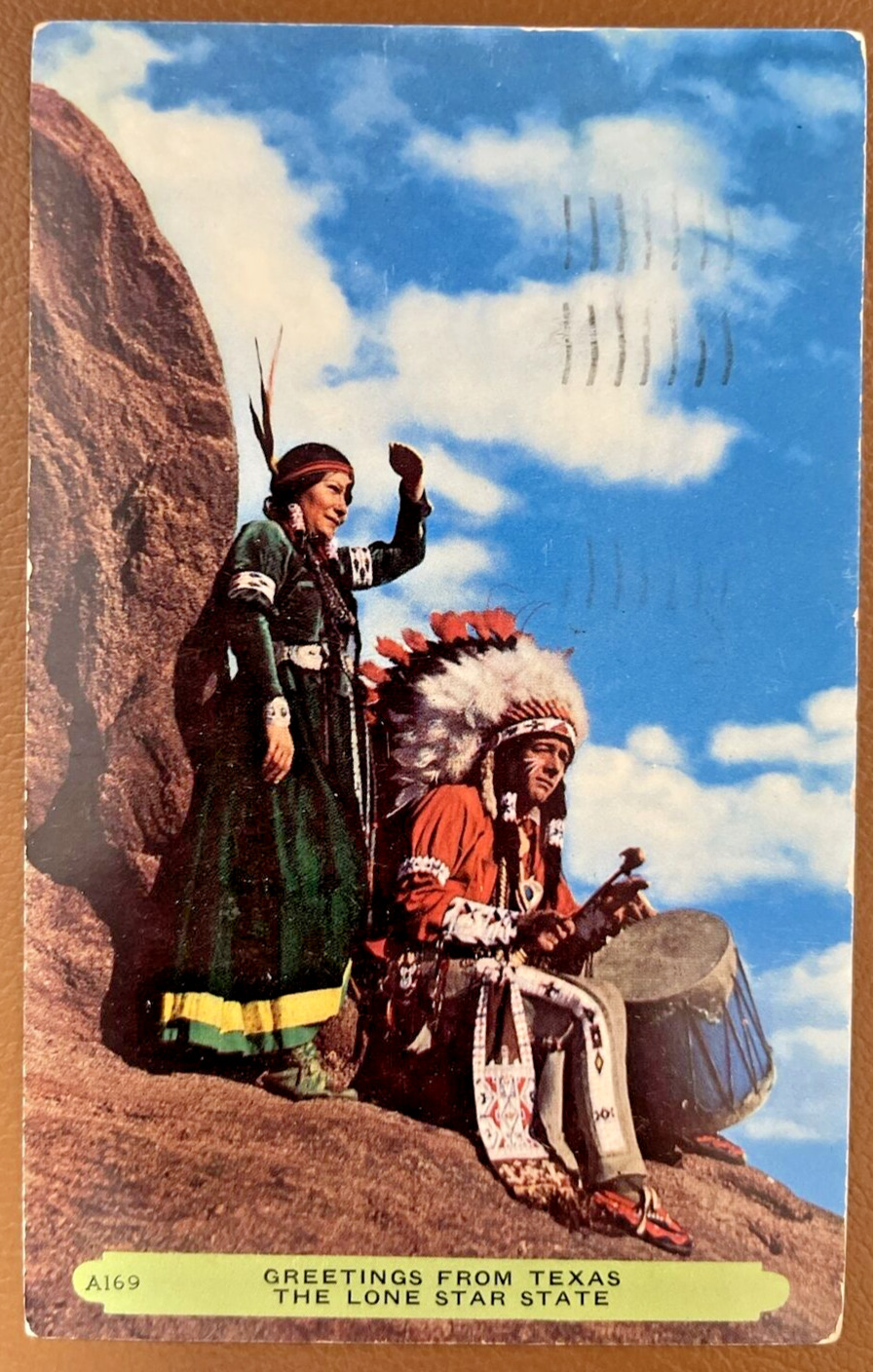 Greetings from Texas The Lone Star State VTG postcard Rain dance 1963 Chief Drum