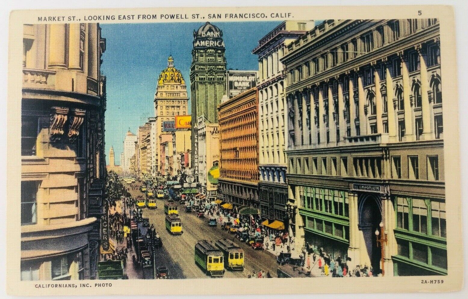 Vintage San Francisco California CA Market St Looking East from Powell St Linen