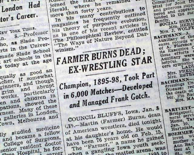 MARTIN Farmer BURNS Death Pro Catch WRESTLING Frank Gotch Mentor 1937 Newspaper