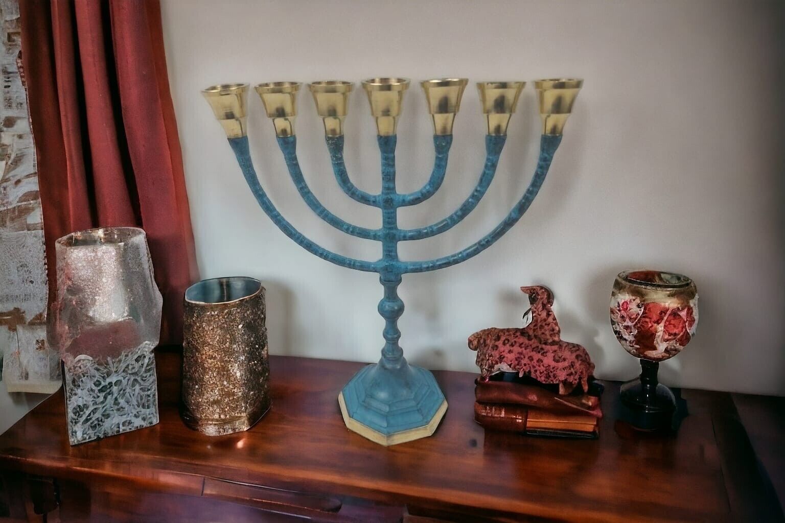 Amazing Classic Brass Plated Patina Jewish Menorah Menora 7 Branches 9.5\