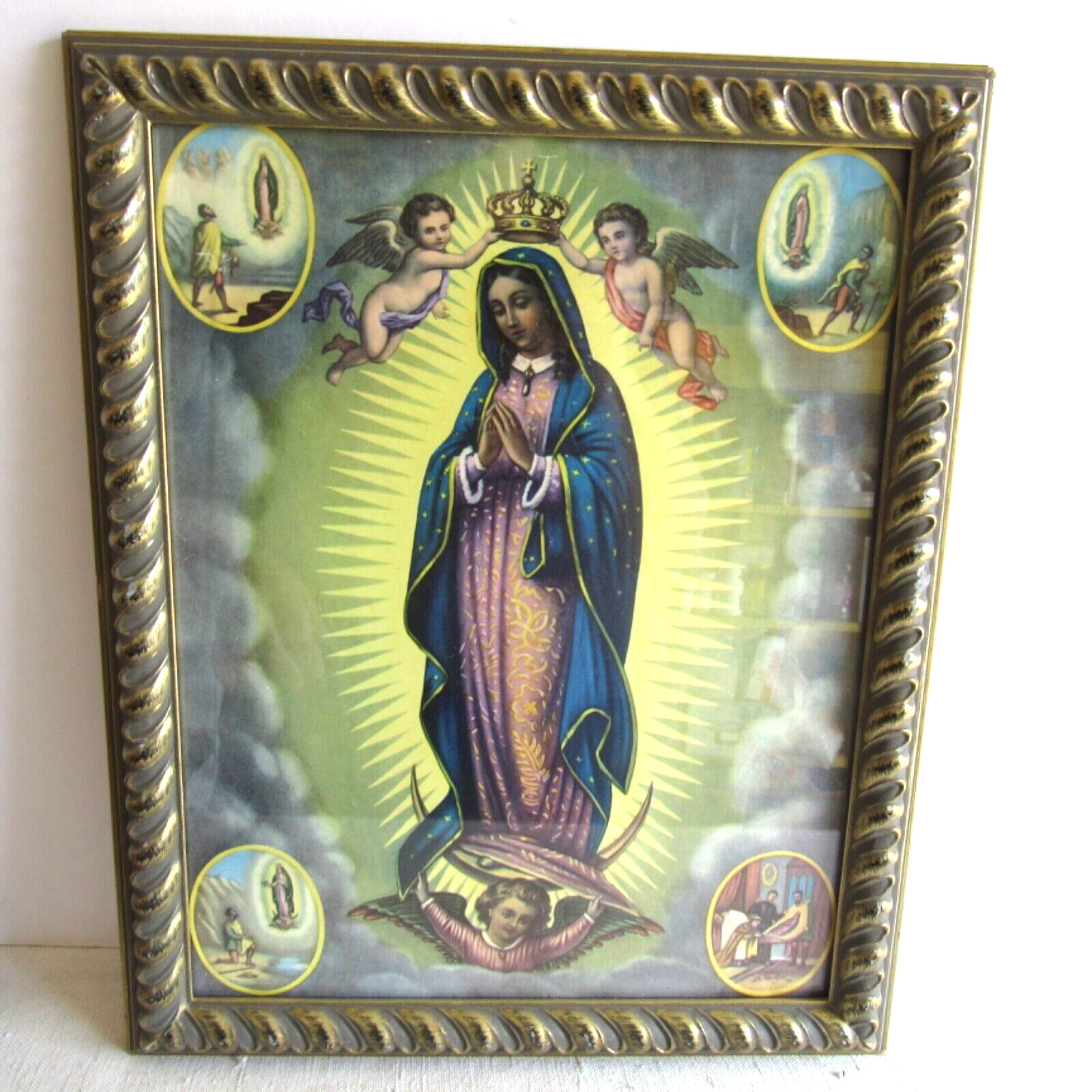 Vintage WOoden Frame and Picture of Mary/Madonna/Virgin Mother BVM Catholic