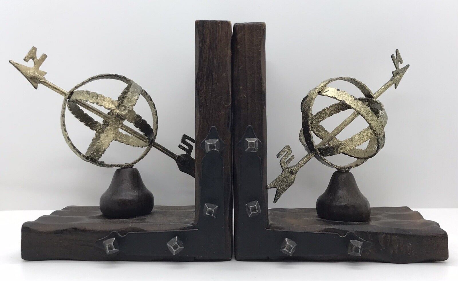 Vintage Pair Of Globe Navigation Bookends Wood & Metal