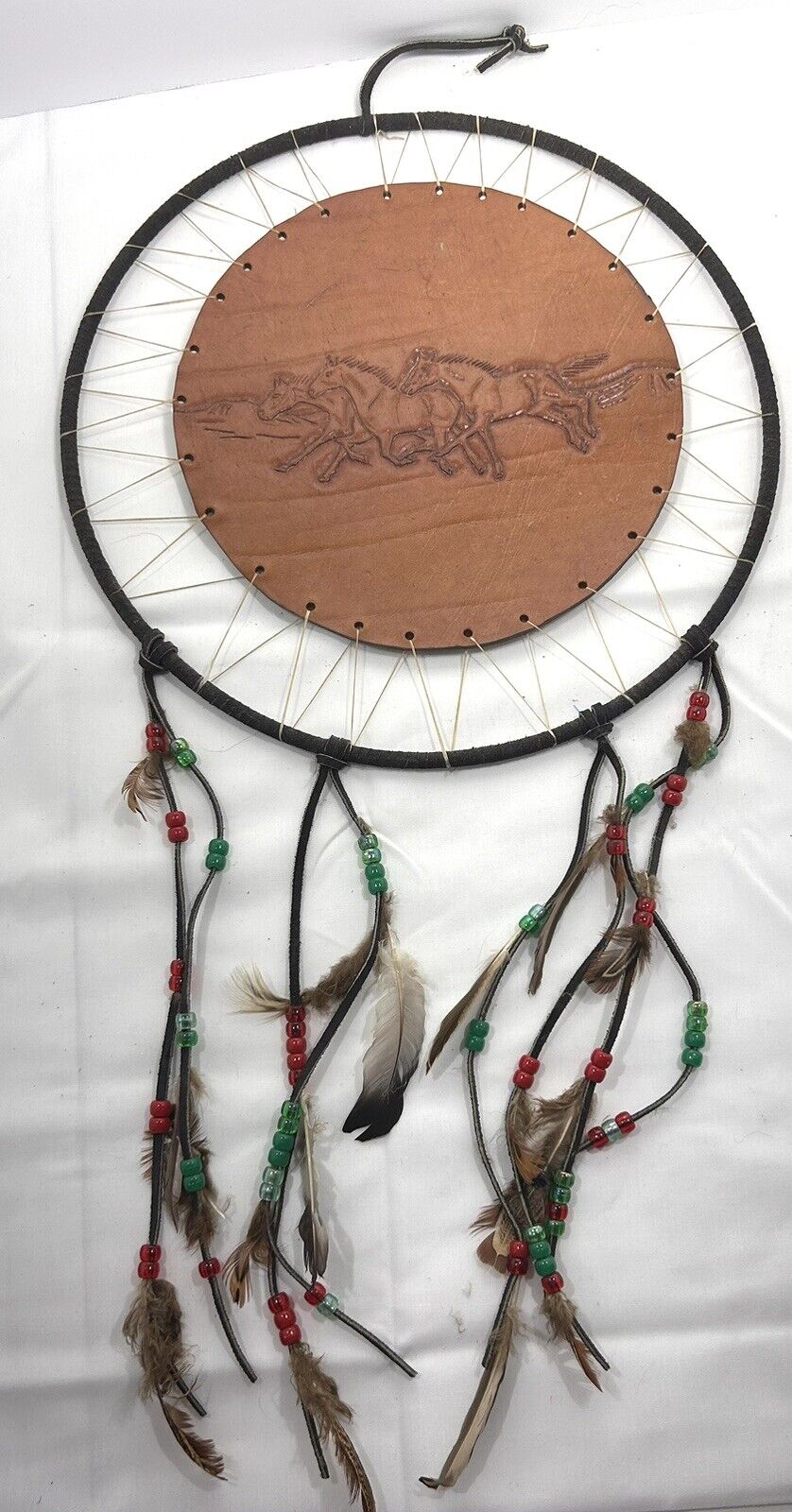 Horse Leather Dream Catcher Beads Feathers Vintage Southwest Native American