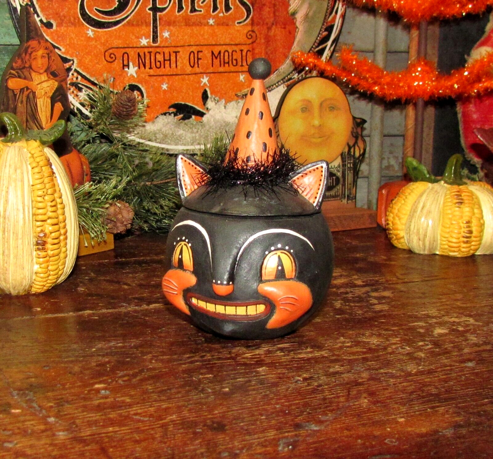 Bethany Lowe Halloween Grinning Vinny Black Cat Container JP9241 NWT