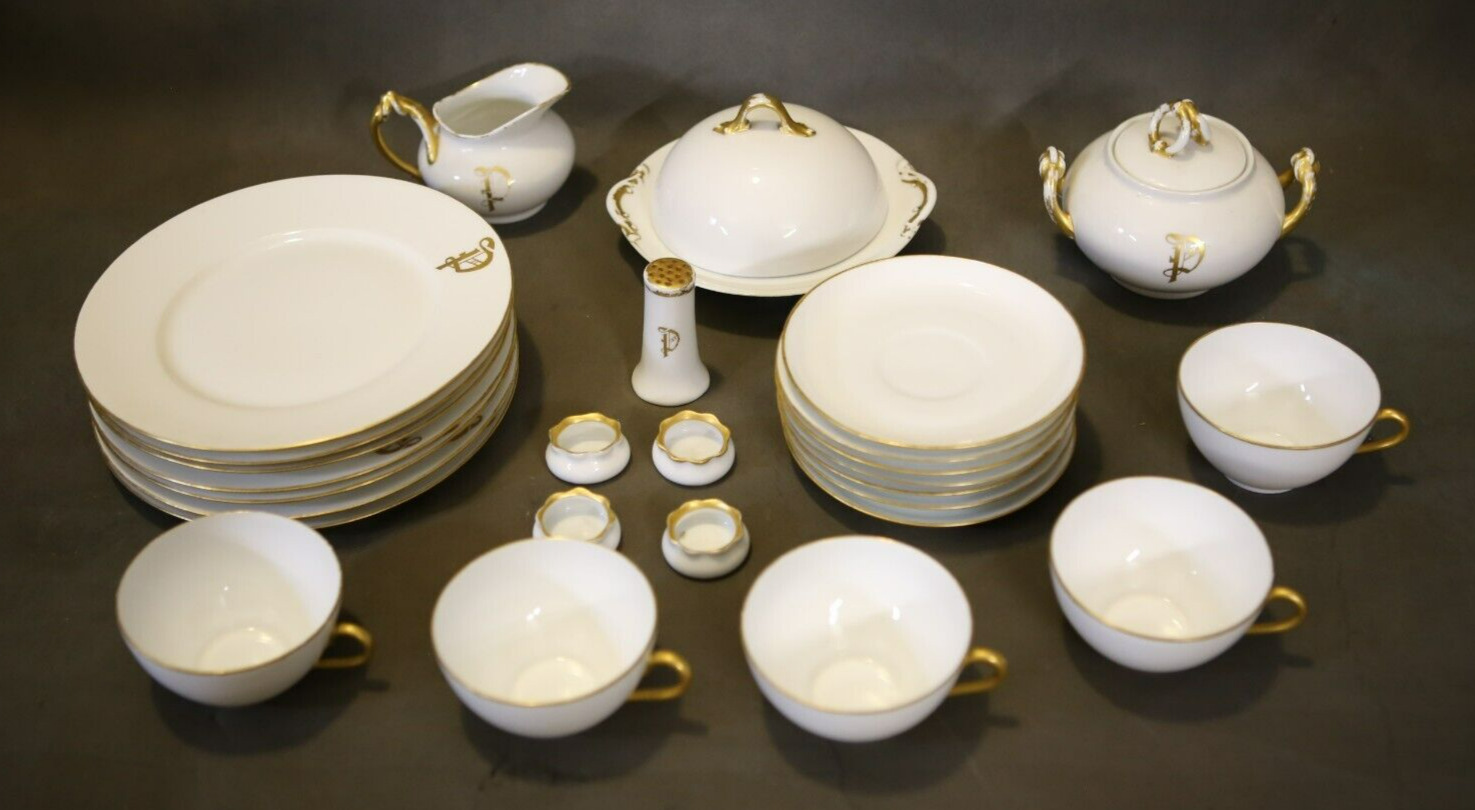 Rare Limoges P&P Antique Gold Dinner Set 27pc Collectable Porcelain White France