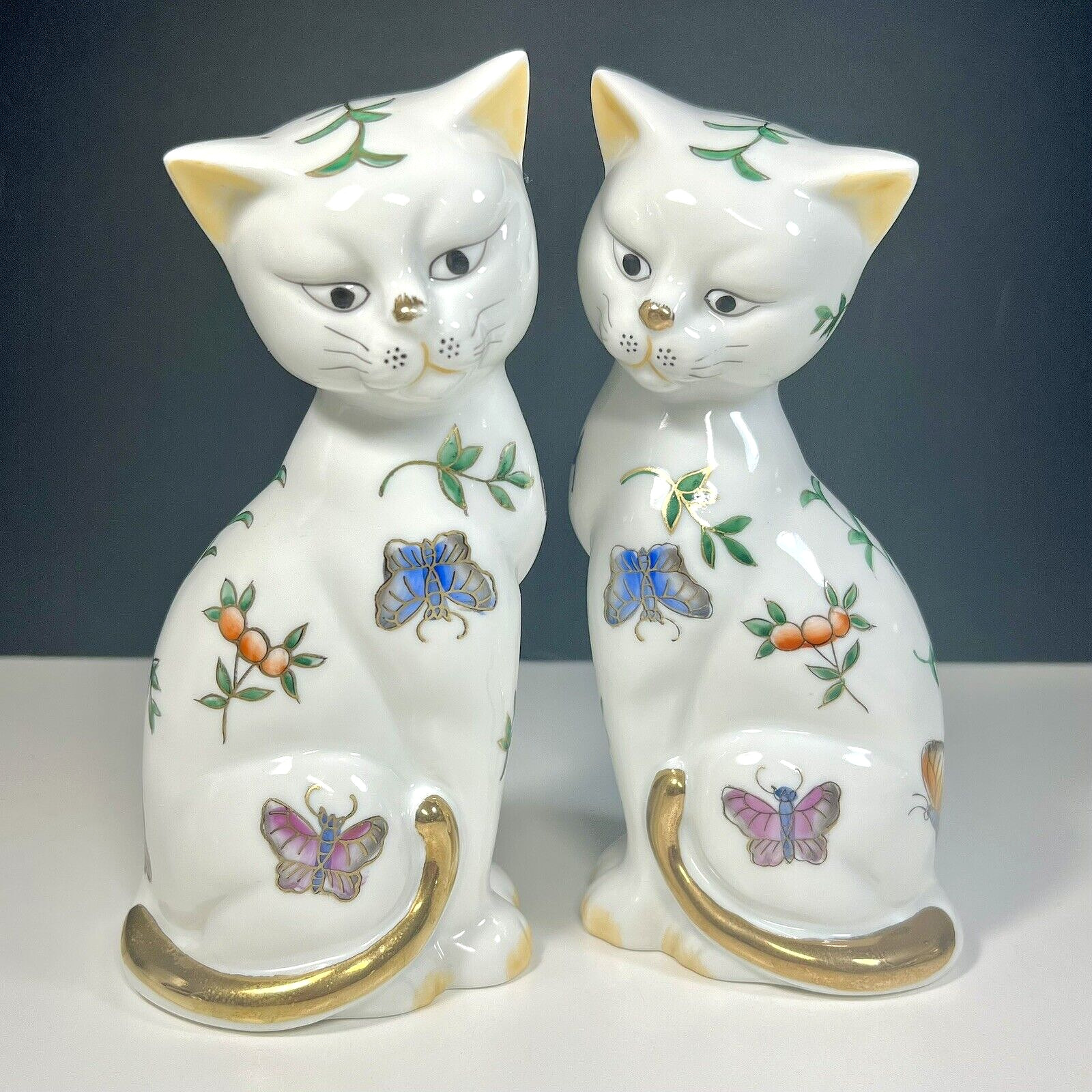 Vintage Andrea by Sadek Cat Figurines Porcelain Butterflies Gold Floral Set of 2