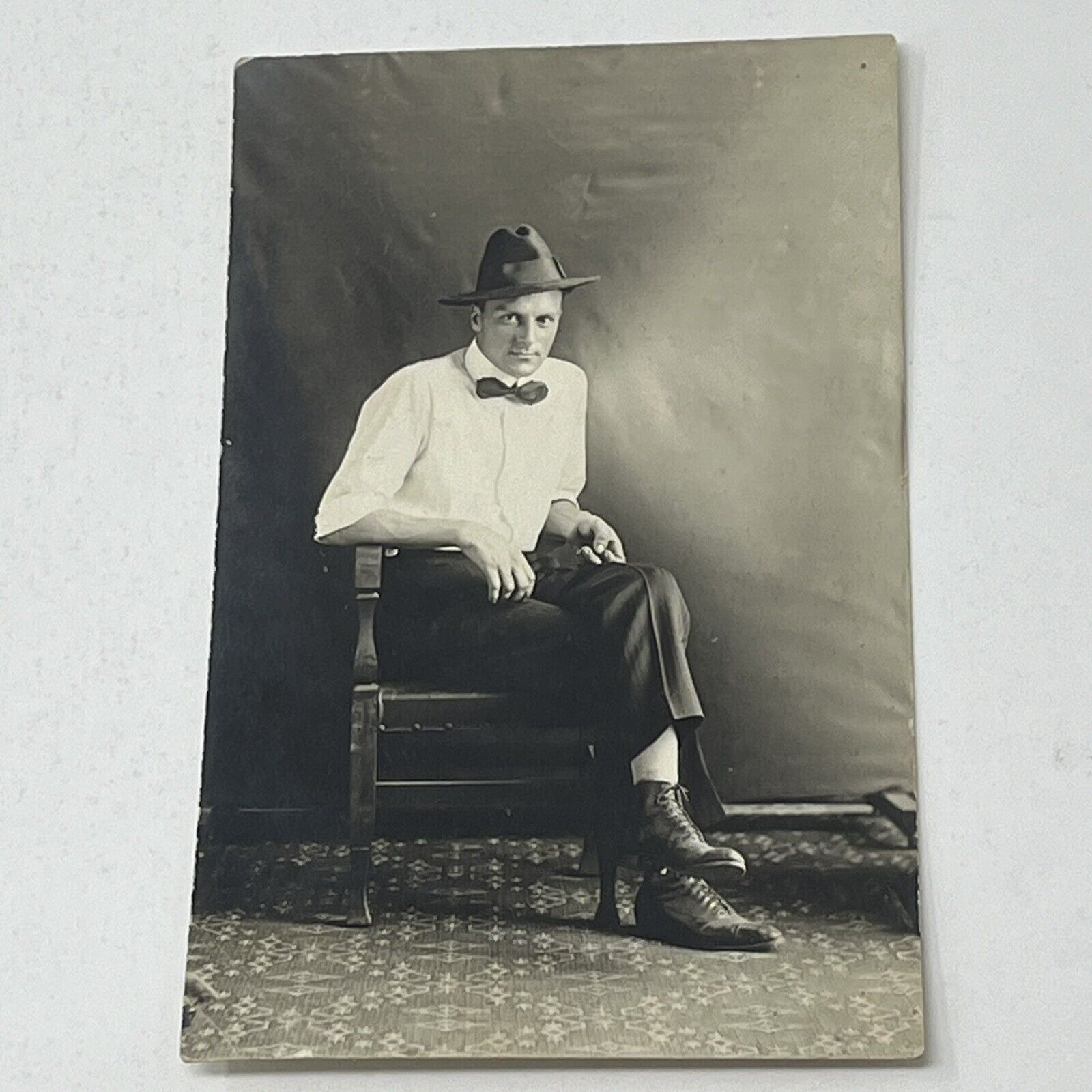 RPPC Photo Postcard Man Hat Chair Bowtie 1907 - 1914 Post Card