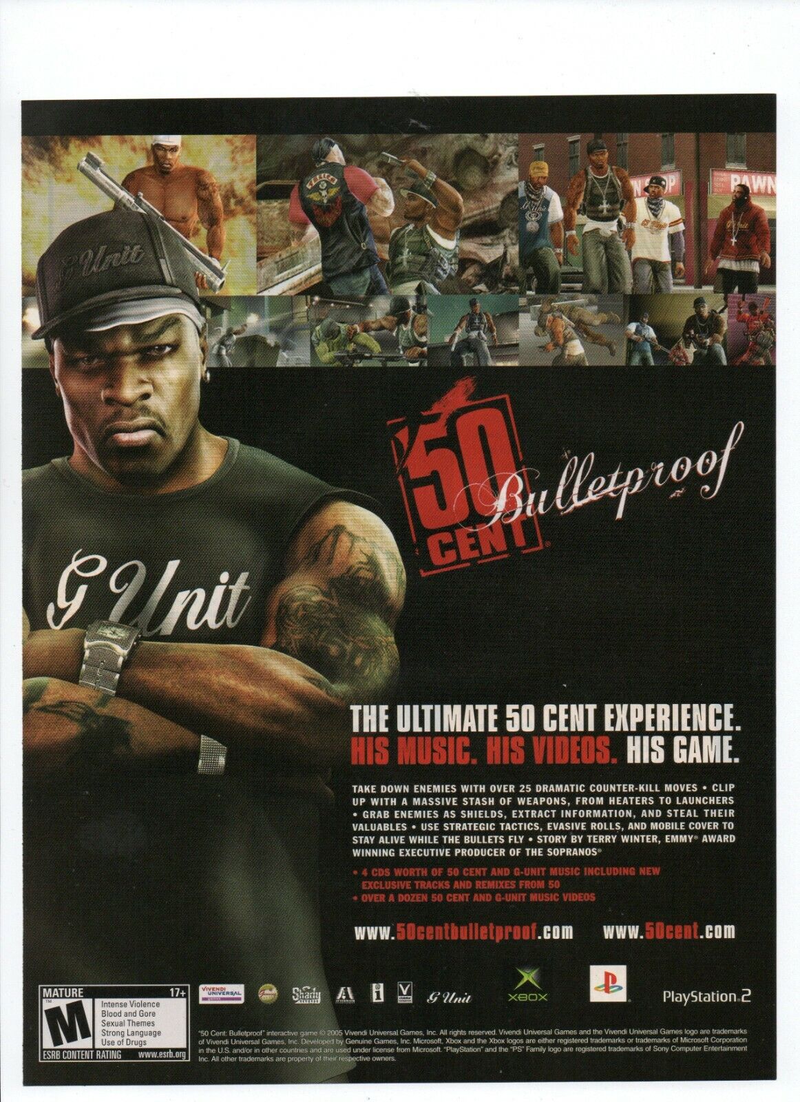 50 Cent Bulletproof Playstation PS2 XBOX Rapper - 2005 Video Game Print Ad