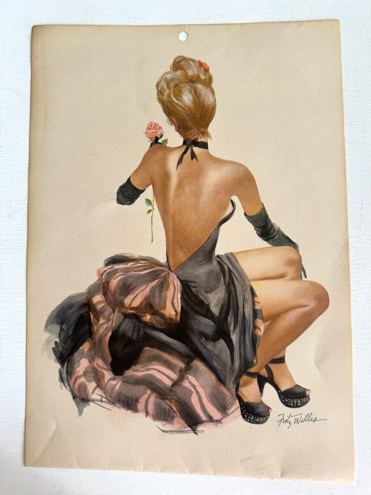 Original 1948 Pinup Girl Calendar Page by Fritz Willis- Blond in Black Dress