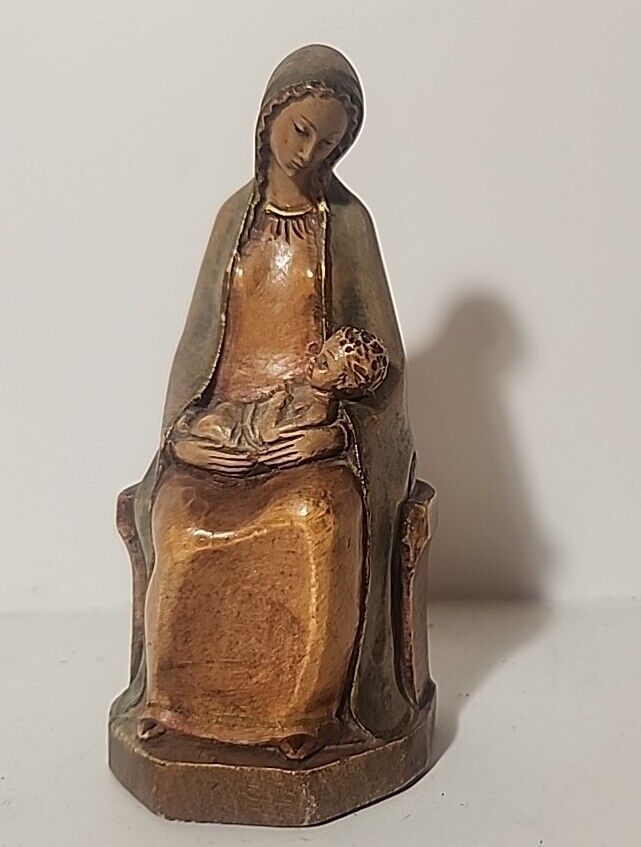 Vintage ANRI Type Madonna And Child Seated Intricate Carved Wood Statue 5 Inches