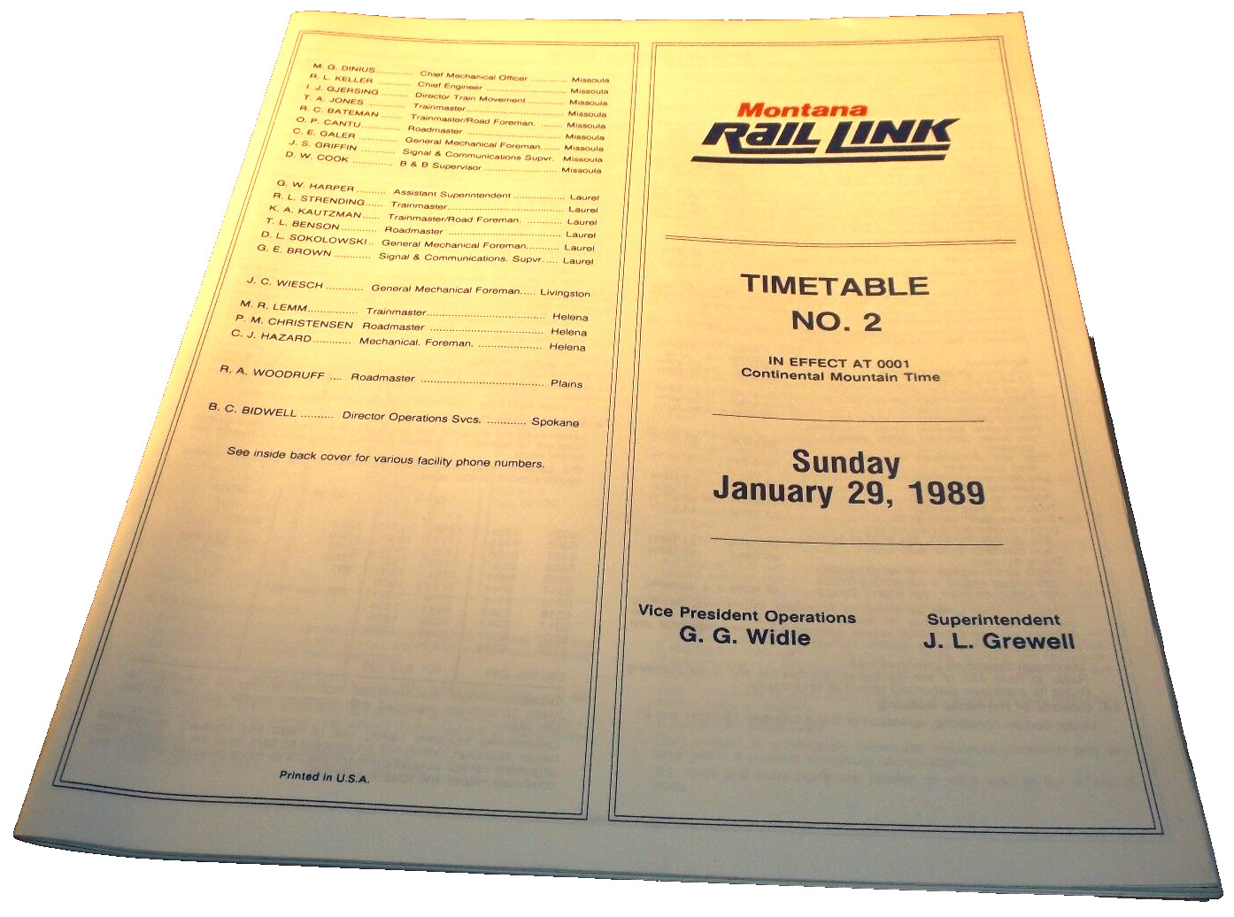 JANUARY 1989 MONTANA RAIL LINK SYSTEM EMPLOYEE TIMETABLE #2