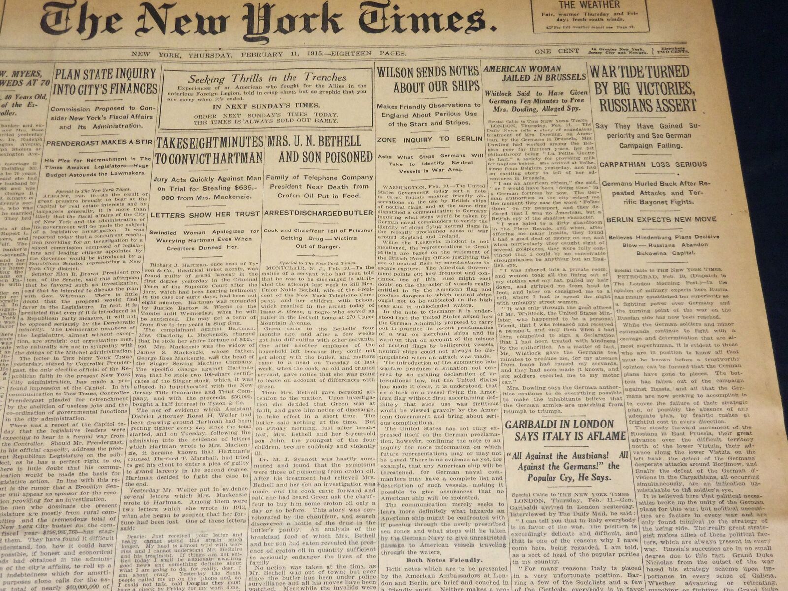 1915 FEBRUARY 11 NEW YORK TIMES - WILSON SENDS NOTES ABOUT OUR SHIPS - NT 7771