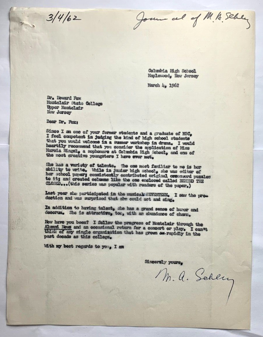 Teacher Letter of Recommendation Marcia Ringel 1962 Montclair State College NJ