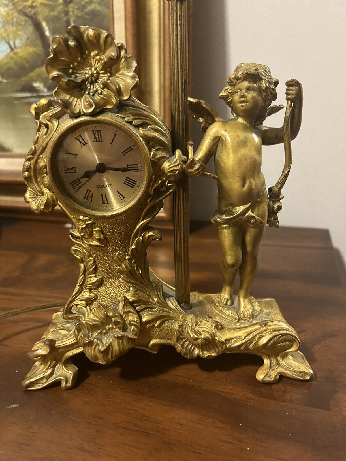 Antique Waterbury Clock Co Gold Brass Cherub Clock/Lamp 