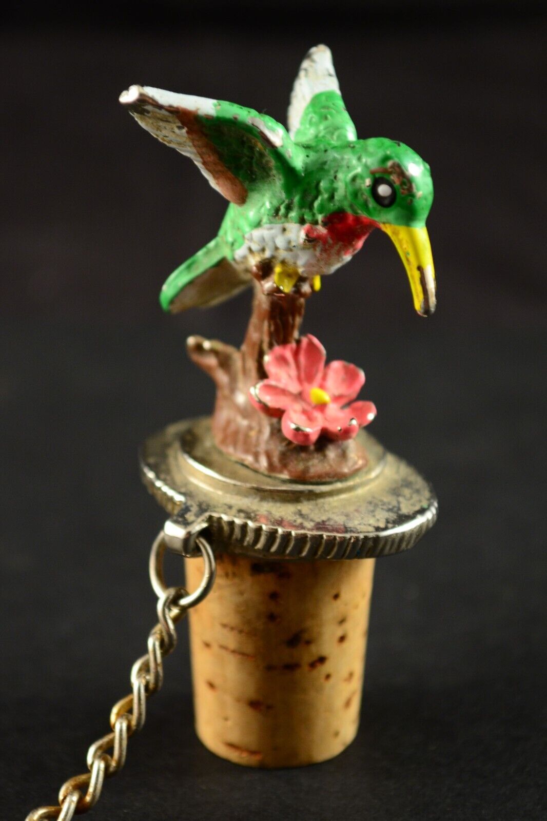 VTG Vintage Pewter Bottle Stopper w/ Chain Hummingbird Cork Small Bird Figurine