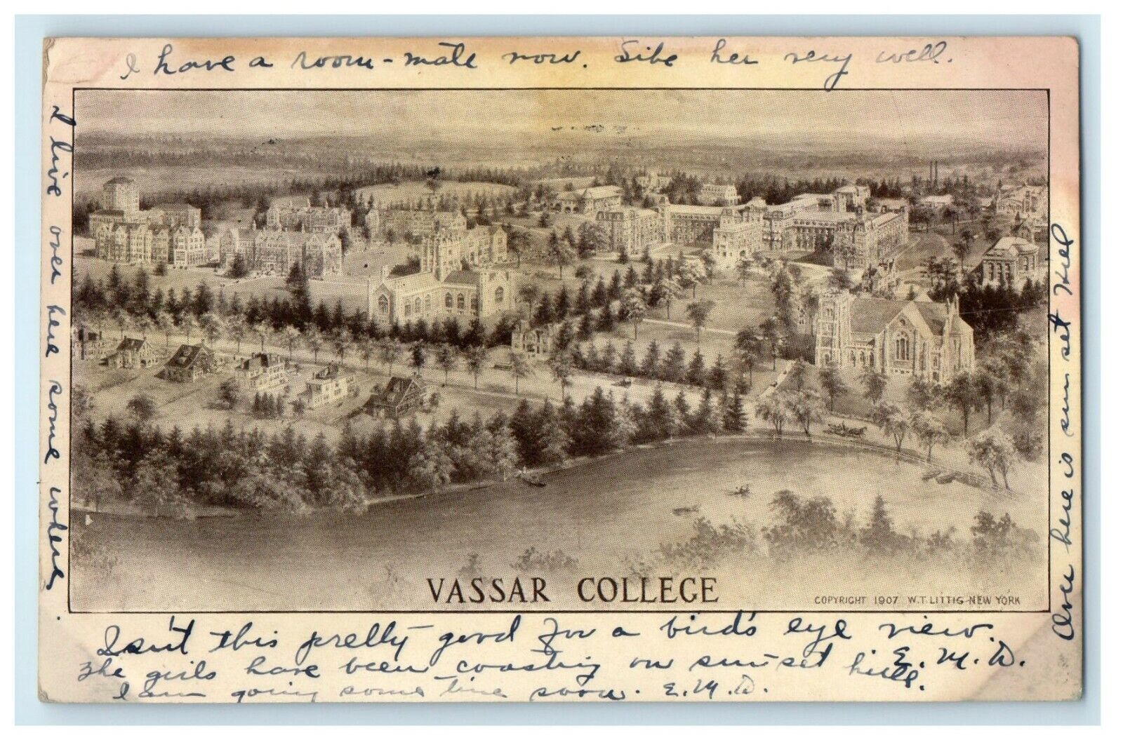 1909 Aerial View Of Vassar College Poughkeepsie New York NY Antique Postcard
