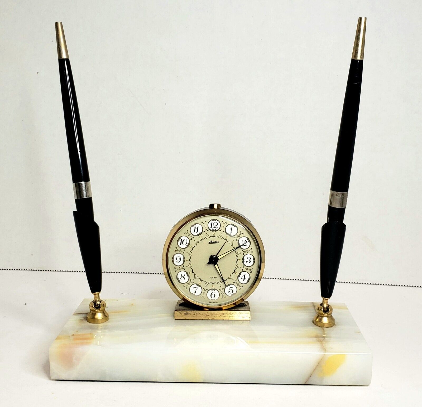 Vintage Linden Desk Clock Double Pen Holder On Marble Stand 