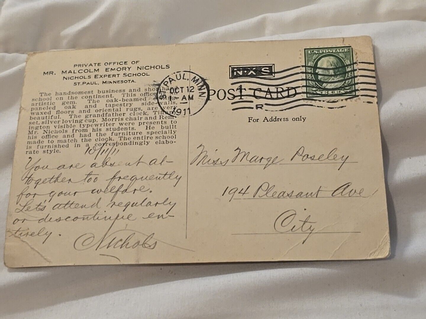 Nichols Expert School Postcard with Green Jefferson one cent stamp from 1911